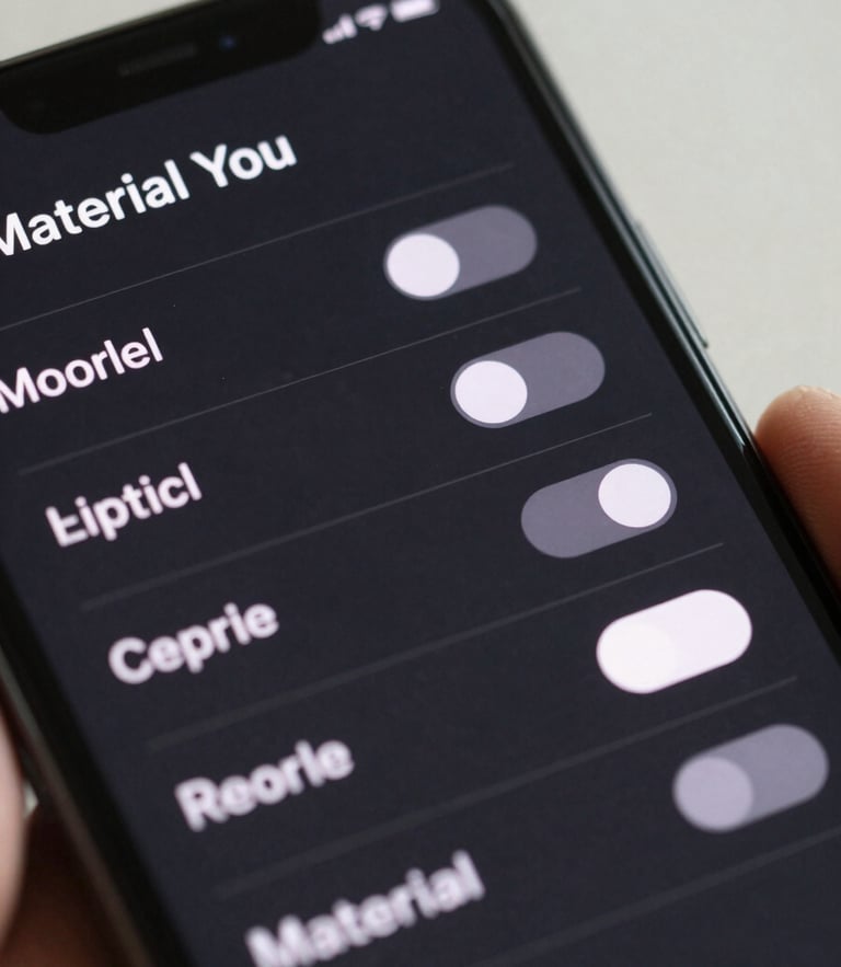 Macro close-up of a Pixel phone displaying a clean, dark-mode Material You system settings interface with fluid rounded toggles, soft natural studio lighting