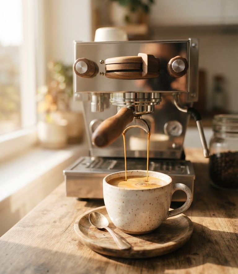 Close-up of a sleek modern espresso machine pouring rich espresso into a ceramic cup, warm morning sunlight streaming through a window, shallow depth of field, 35mm editorial photography.