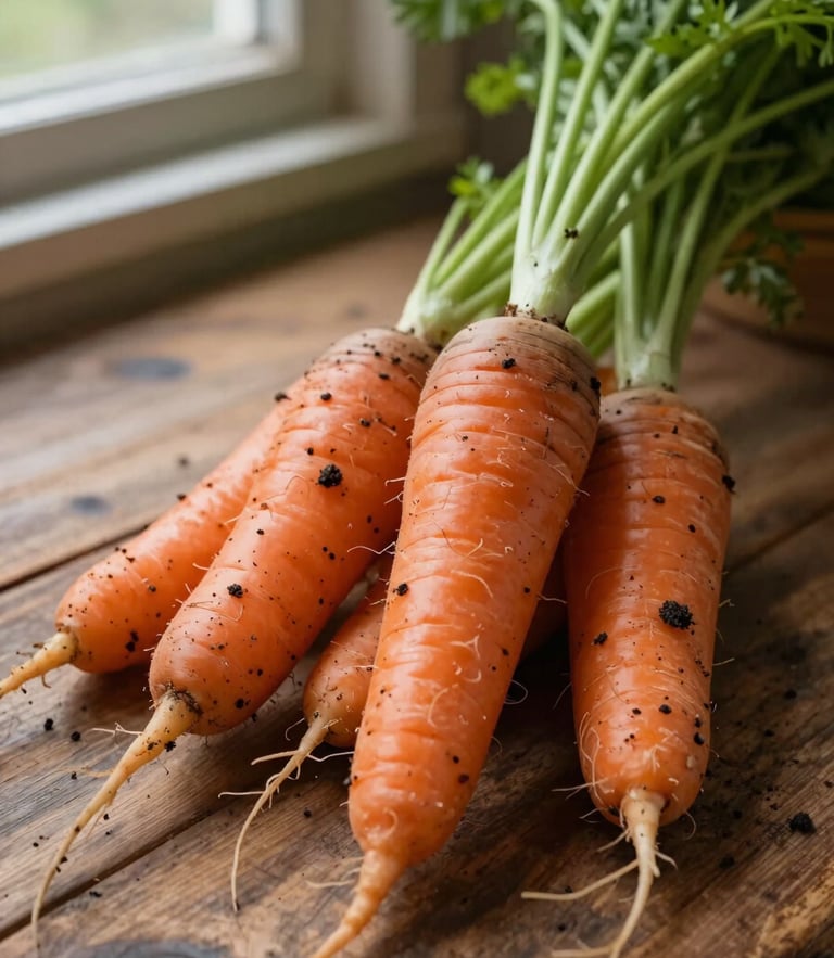 Extreme macro detail shot of freshly harvested heirloom carrots with soil still clinging to their roots, resting on a rustic wooden table, natural side lighting from a barn window.