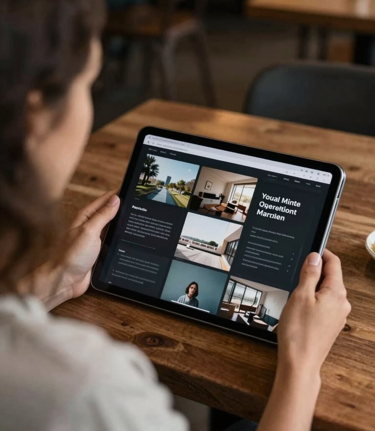 Over-the-shoulder shot of a digital marketer reviewing a dark-themed content grid on a tablet inside a dimly lit, rustic restaurant dining room