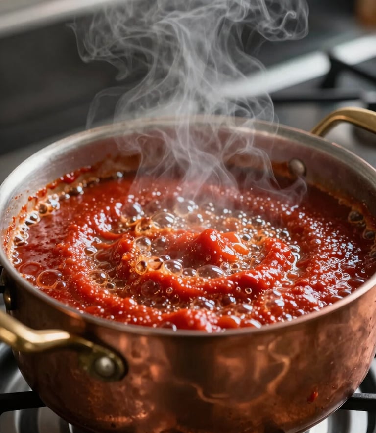 Macro close-up of thick red tomato sauce bubbling in a copper pot on a professional kitchen range, steam rising, dramatic lighting.
