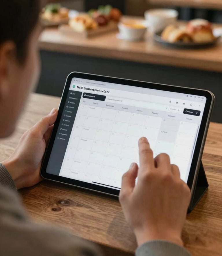 Over-the-shoulder shot of a digital strategist organizing a multi-vendor content calendar on a tablet, with a blurred, warm Scandinavian-style food hall background.