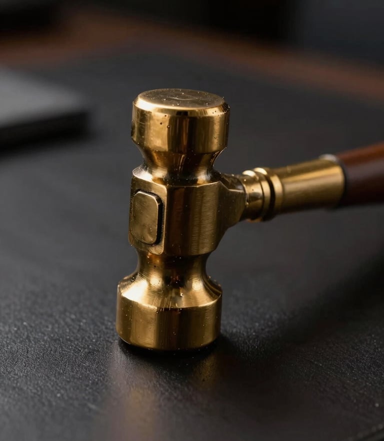 Macro close-up of The Hammer sculpture, cast in solid brass, catching low-key dramatic light on a dark executive desk, 35mm