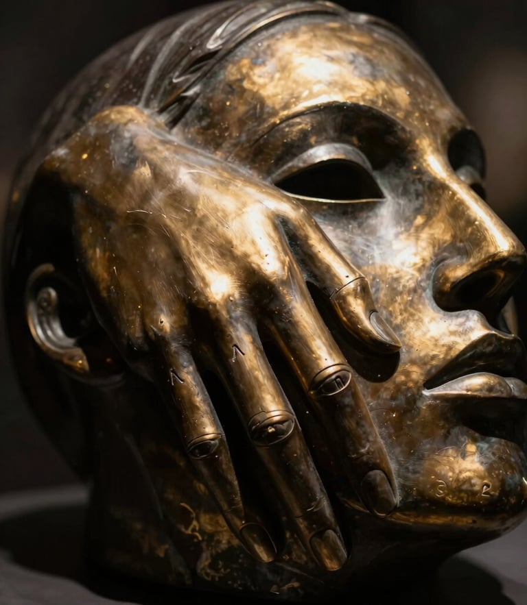 Close-up of The Blind sculpture, enigmatic gunmetal form with hand-engraved serial number, dramatic museum lighting, 35mm