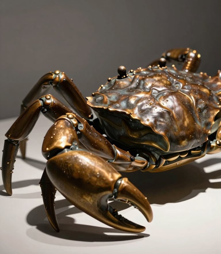 Close-up of The Crab sculpture, intricate bronze angles, low-contrast shadows, premium gallery presentation, 35mm