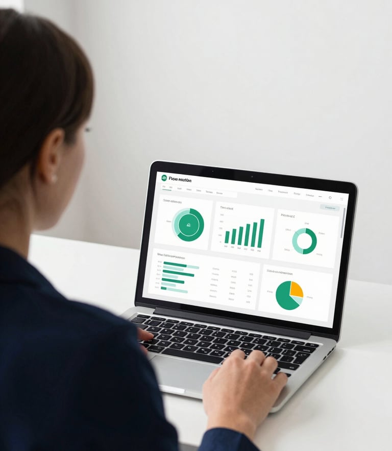 Over-the-shoulder view of a female specialist analyzing clean web analytics dashboards on a laptop screen, bright natural daylight, minimalist office setup, 35mm
