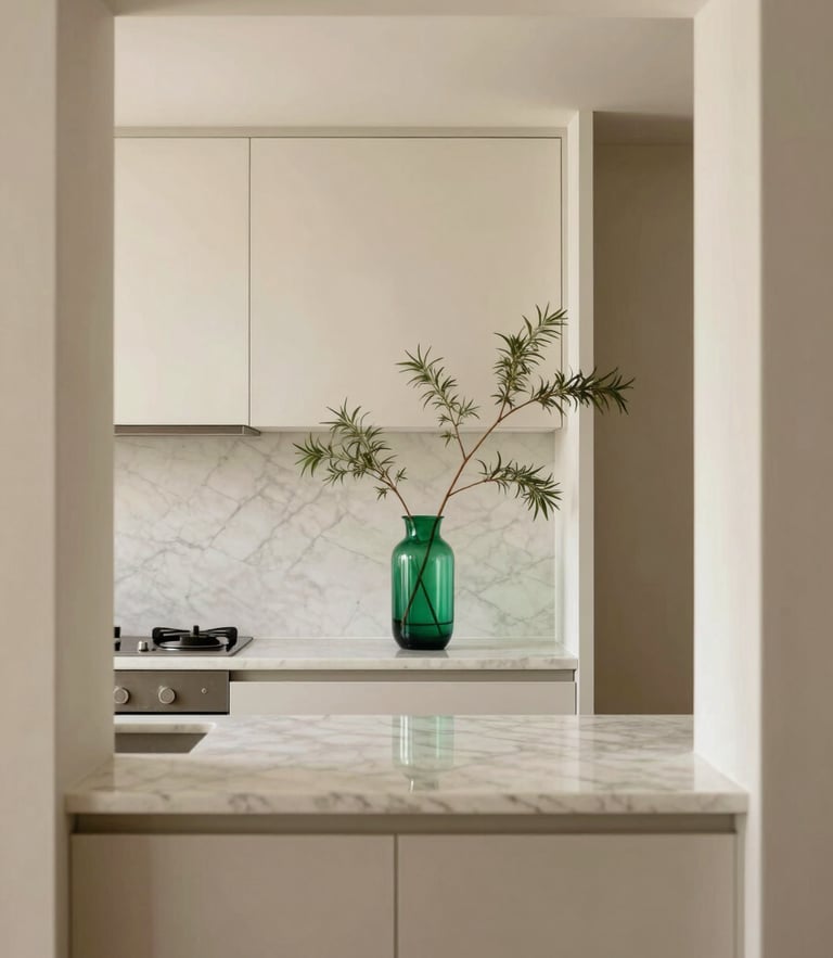 Straight-on architectural photograph of a minimalist kitchen counter, warm natural light, pristine marble surfaces, emerald glass vase with single branch, 35mm