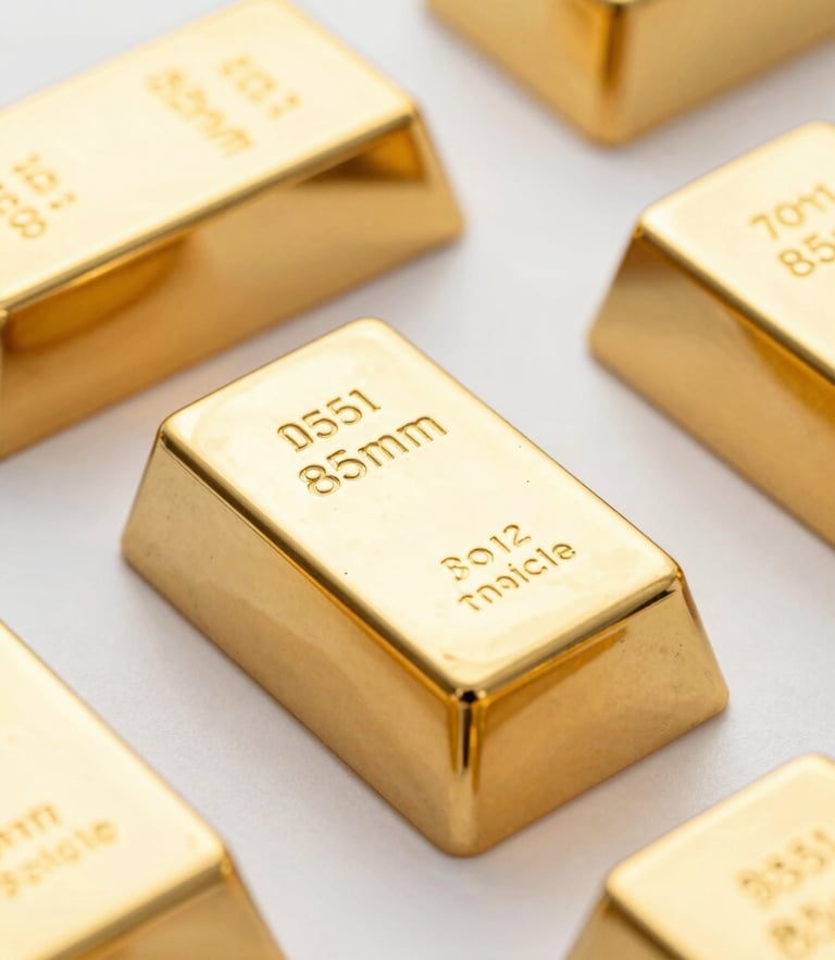 Macro shot of high-purity gold bullion bars under bright studio lighting, soft metallic reflections on a clean white surface, 85mm