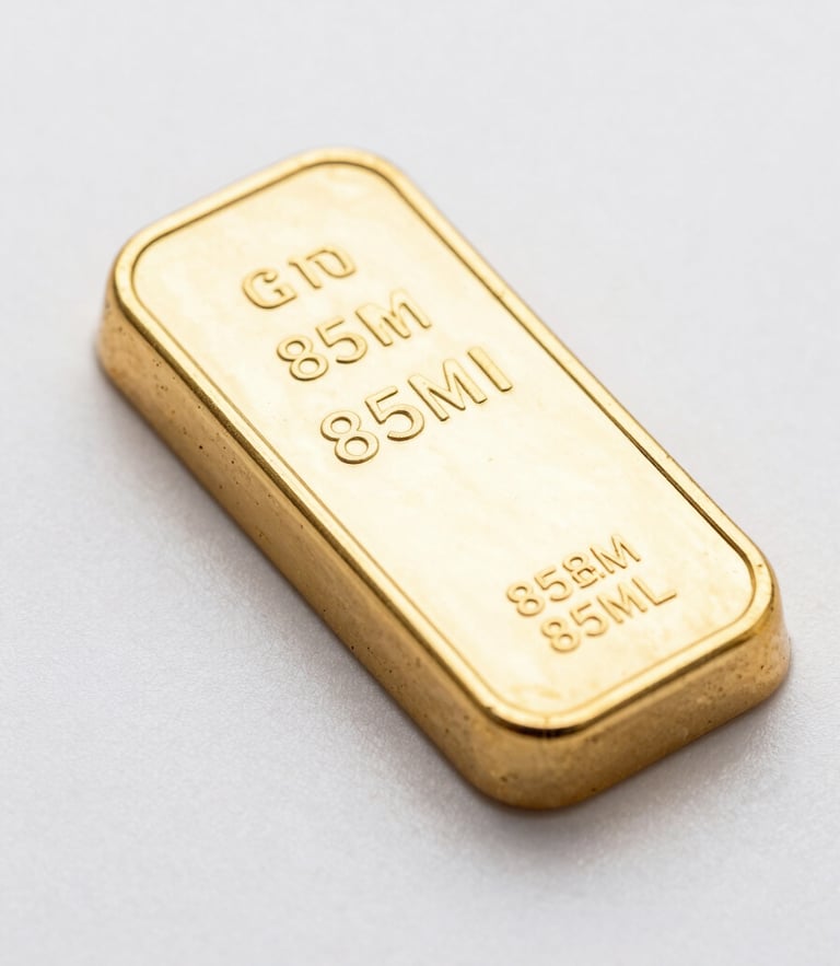 Macro shot of high-purity gold bullion on a clean white surface with soft studio lighting and metallic gold reflections, sharp focus, 85mm