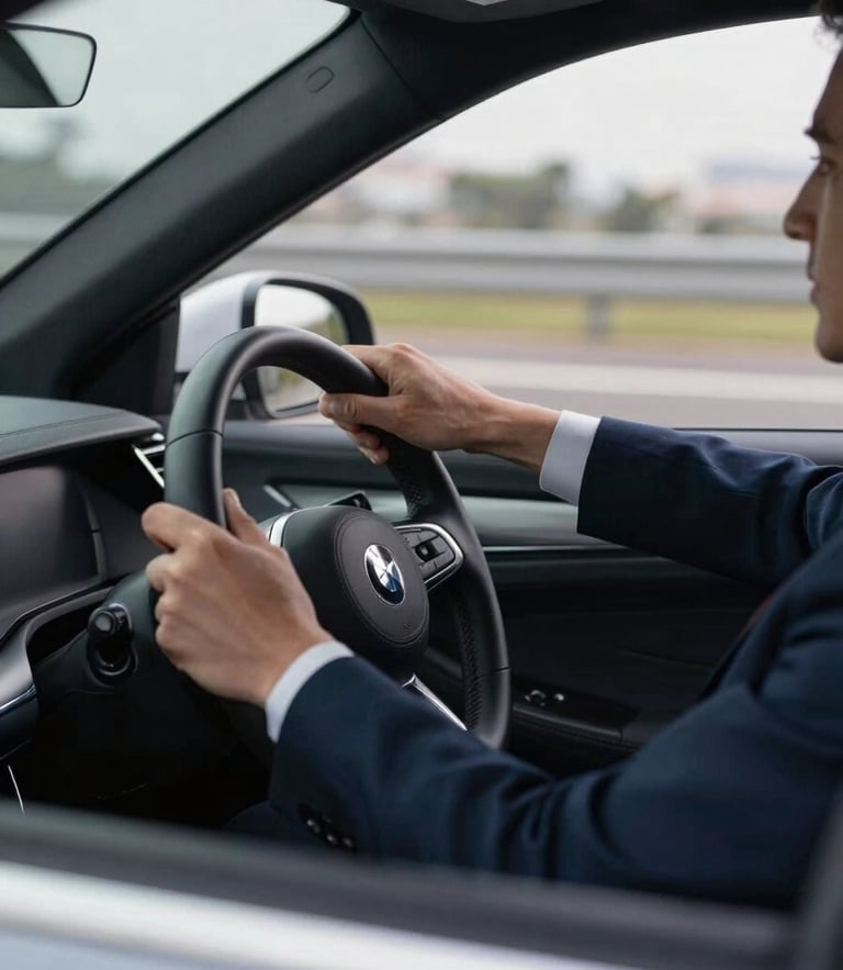 Close-up of a professional chauffeur's hands in a dark suit on the leather steering wheel of a clean modern executive sedan, soft morning light, regional São Paulo highway visible through the windshield, premium editorial photography, 35mm lens