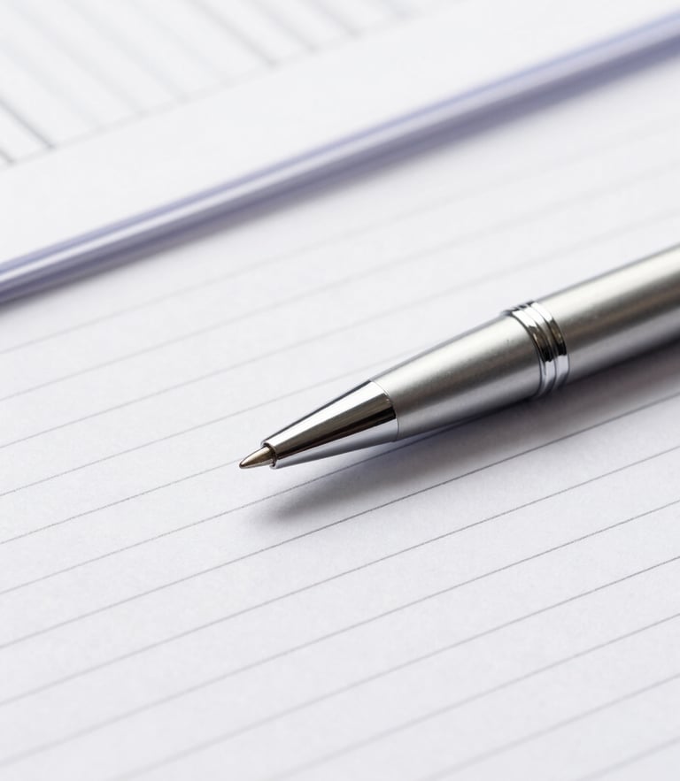 Tight macro shot of crisp financial documents, a silver pen resting on a clean white ledger sheet, sharp studio lighting, cool silver tones