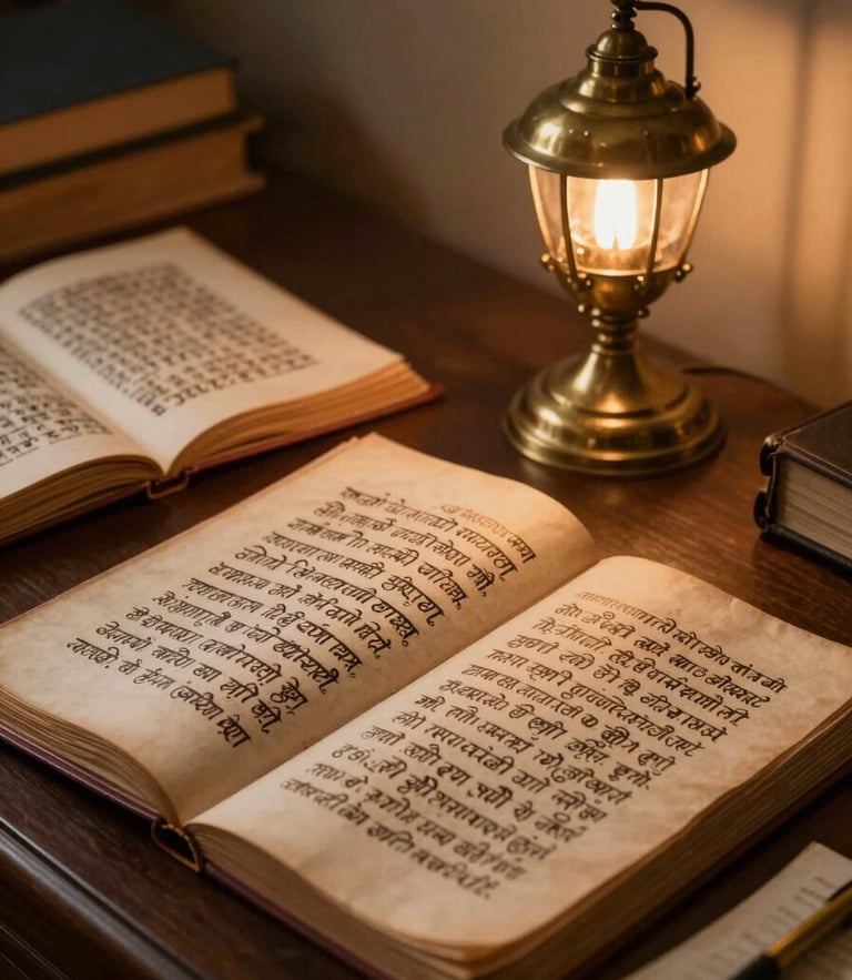 A quiet study room with ancient Sanskrit manuscripts on aged paper, a brass lamp casting warm side light, creating a scholarly and confidential atmosphere.