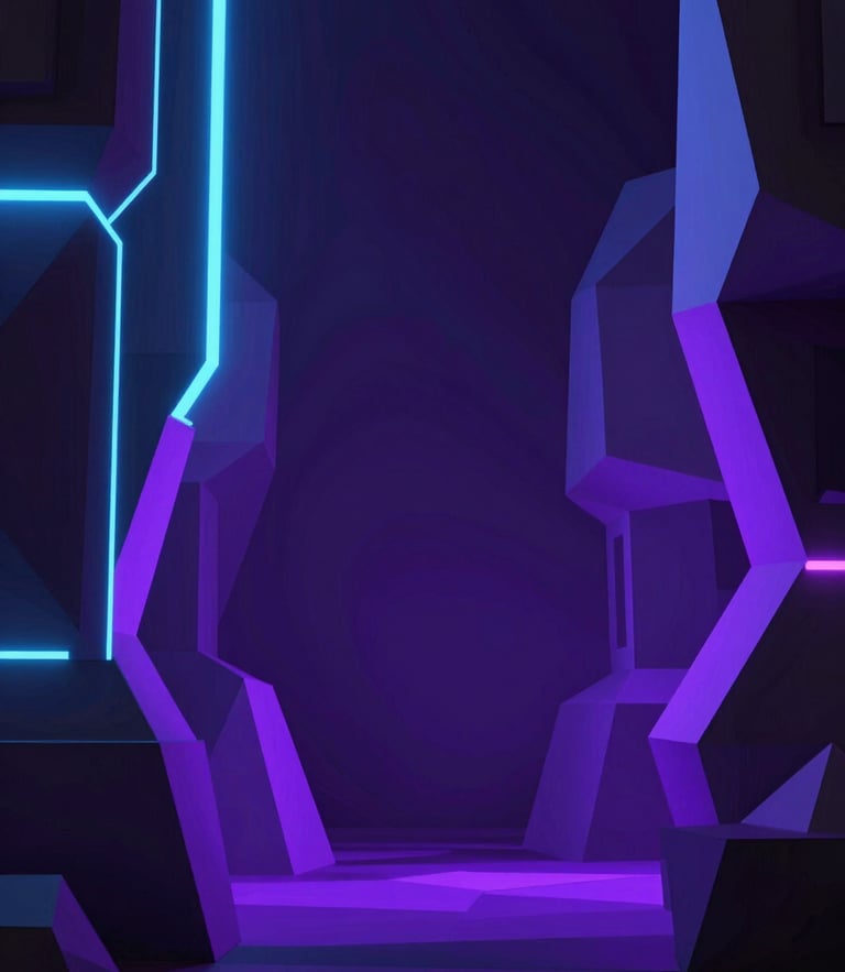 3d render, abstract cyberpunk low-poly environment, neon electric blue and purple glow, dark moody atmosphere, cinematic lighting