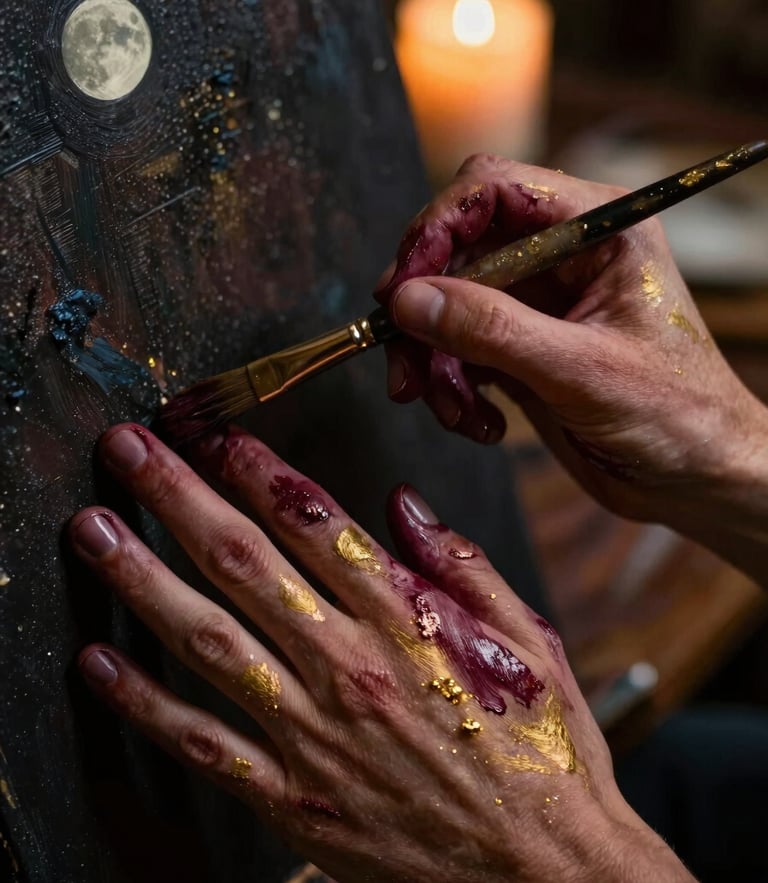 Close-up of an artist's hands stained with rich burgundy and gold paint, holding an antique paintbrush over dark textured canvas, low-key chiaroscuro lighting, 35mm