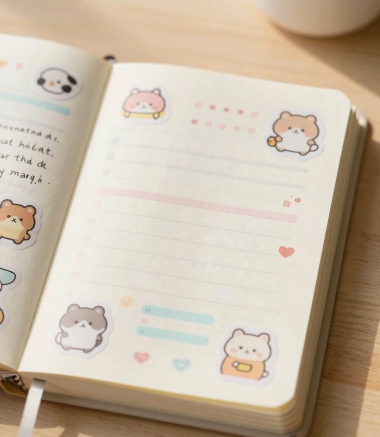 Soft-focus flatlay of an open pastel planner with cute stickers and hand-written notes, warm morning sunlight, cozy aesthetic