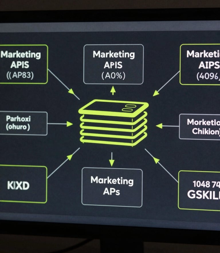Straight-on screen capture of structured data flow diagrams connecting marketing APIs to a central database, dark slate background, sharp neon accents