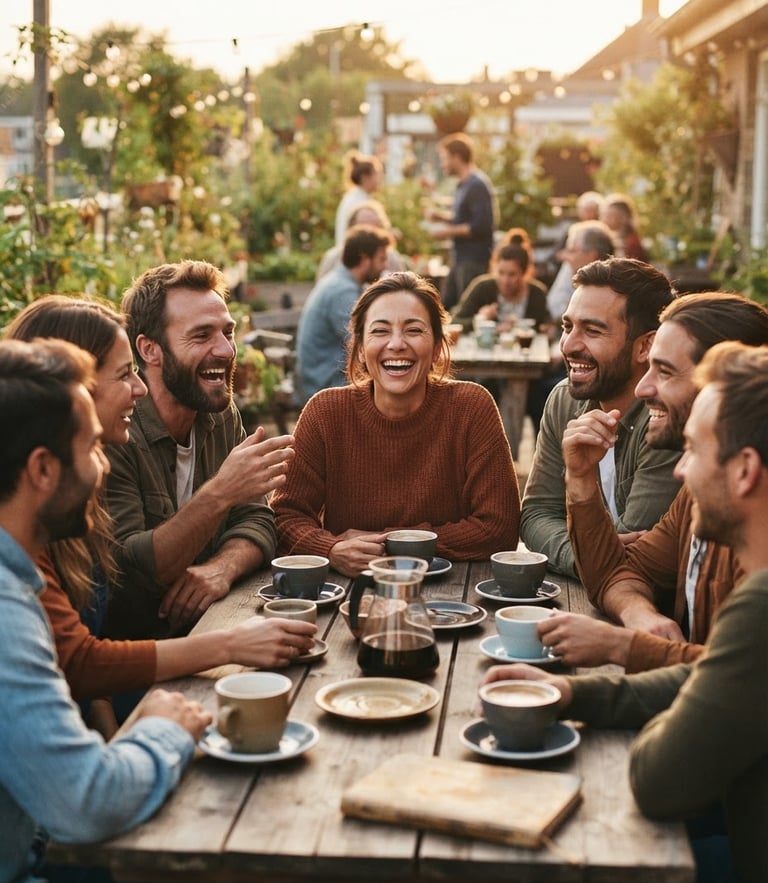 Warm golden-hour community gathering, people laughing around a wooden table with coffee cups, shallow depth of field, authentic connection.