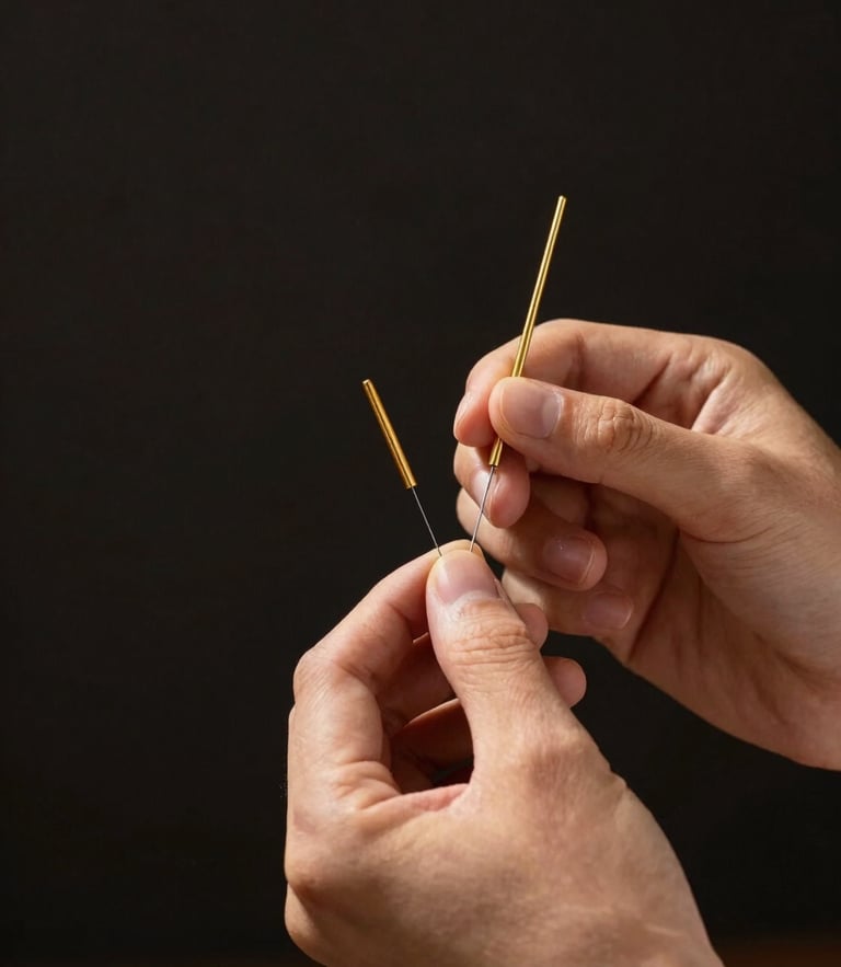 Hands of a therapist placing acupuncture needles with gold handles, dark background, warm dramatic lighting, clinical editorial photography