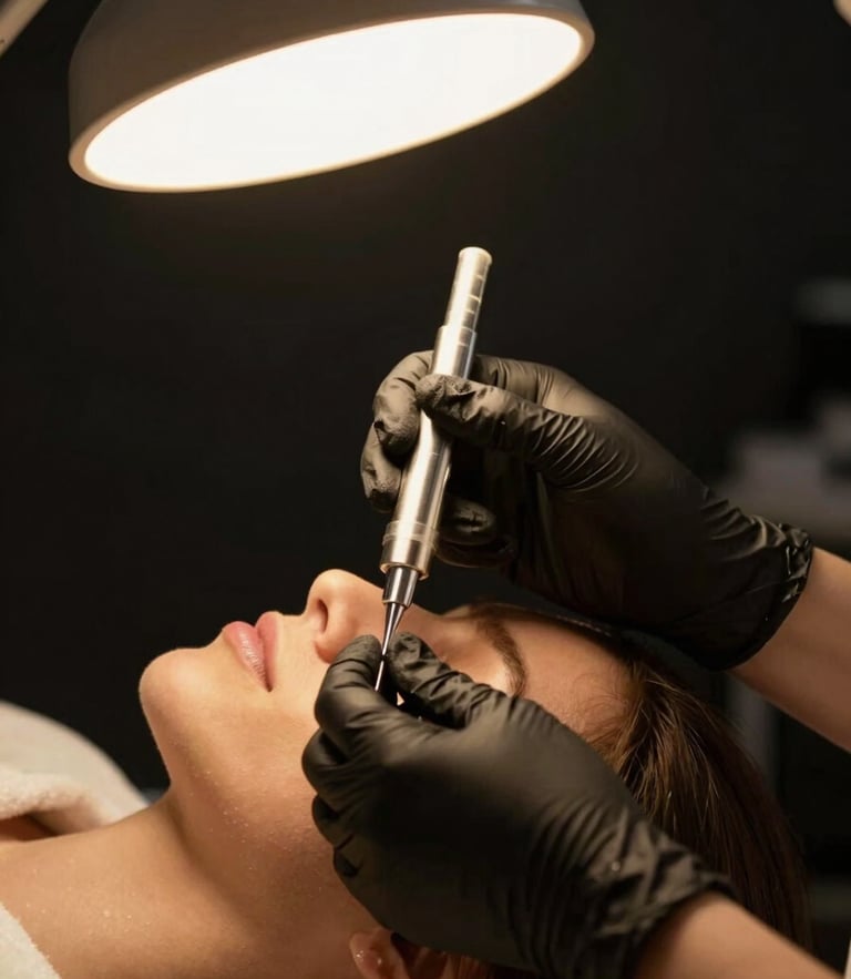 Close-up of clean cosmetology treatment under warm gold studio lighting, hands with black gloves applying clinical product, deep black background, sharp focus, 35mm