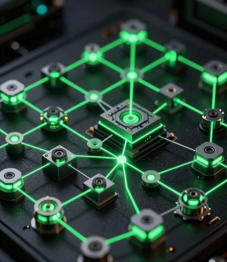 Macro close-up of a high-fidelity system topology diagram, glowing emerald-green laser paths connecting structured 3D architectural nodes, dark-room low-key lighting, highly technical and precise.