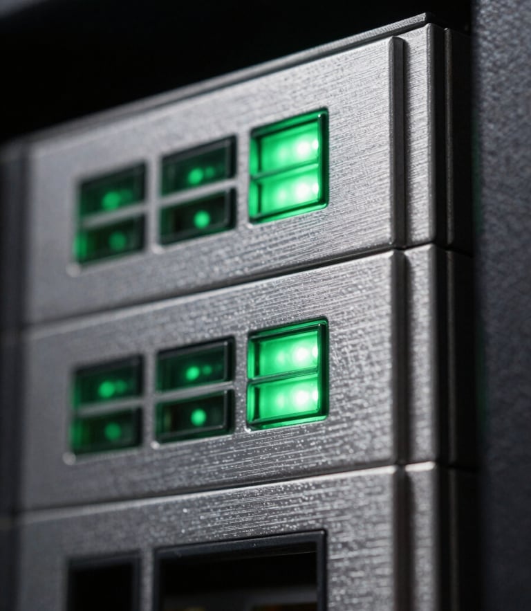Macro close-up of a server rack with green status lights reflecting off brushed metal surfaces, sharp architectural angles, high contrast.