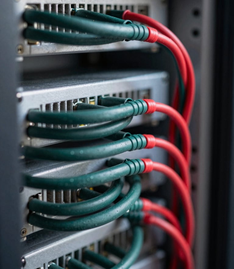 An extreme close-up, macro photo of a pristine, perfectly organized low-voltage server rack, bundle of dark green and red wires tied neatly with zero clutter, soft side lighting highlighting the clean routing.