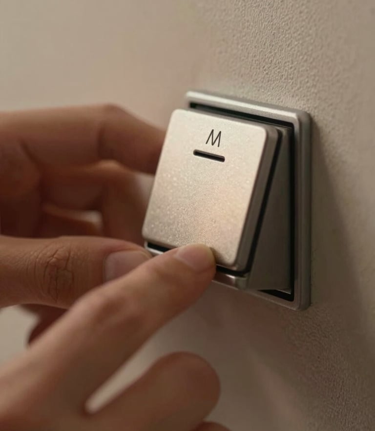 Macro close-up of hands calibrating a flush-mounted architectural dimmer keypad, warm low-temperature light highlighting the tactile metal finish, shallow depth of field.