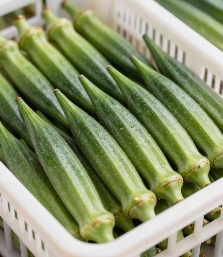Macro shot of perfectly sorted vibrant green okra pods arranged neatly in a clean white wholesale crate, bright clinical lighting, natural overcast daylight