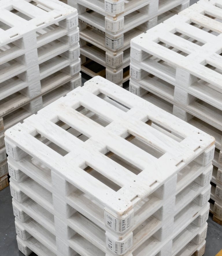 A high-angle, clean overhead shot of pristine white agricultural pallets stacked in a highly organized, temperature-controlled warehouse under bright clinical lighting.