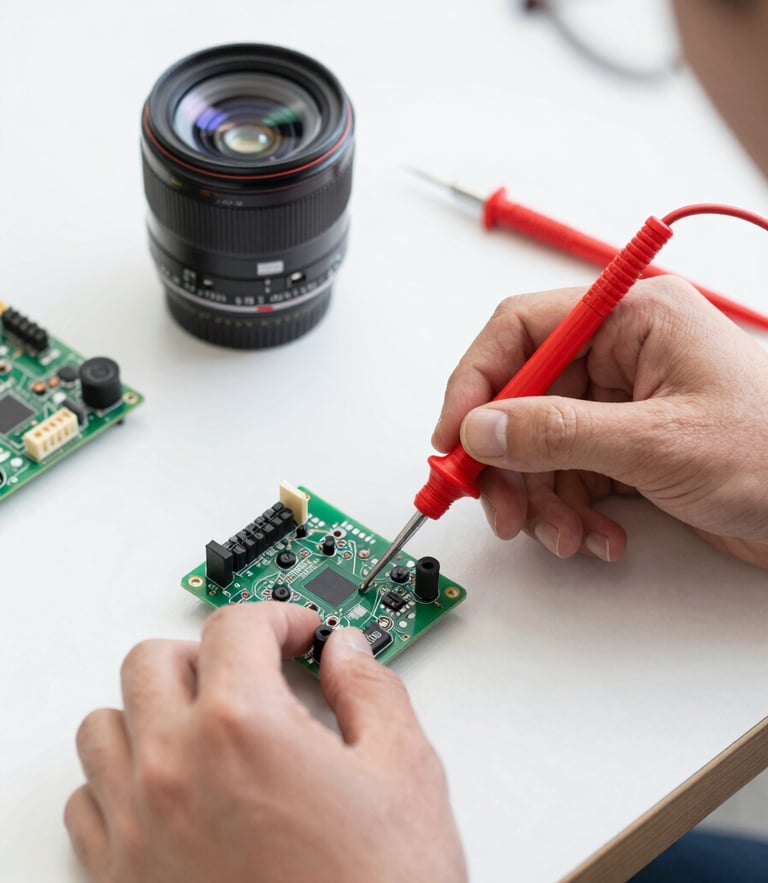 Crisp utility photography, bright natural workshop light, close-up of hands diagnosing a circuit board with testing tools, sharp focus, 35mm lens