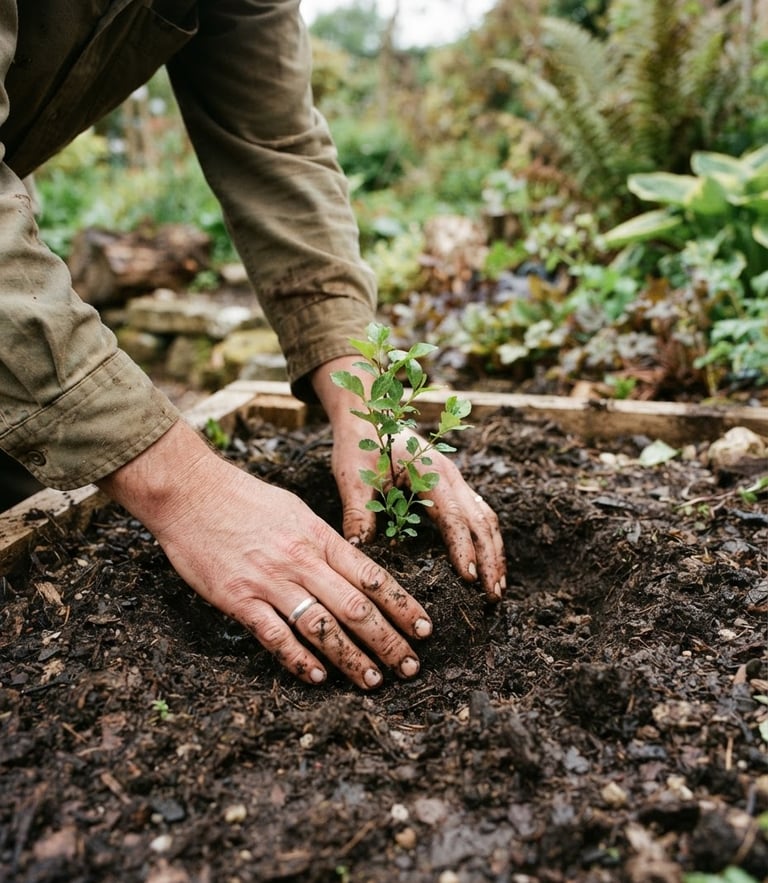 A close-up of hands planting a small green sapling into rich dark soil, soft overcast UK daylight, Stoke-on-Trent garden setting, authentic outdoor photography