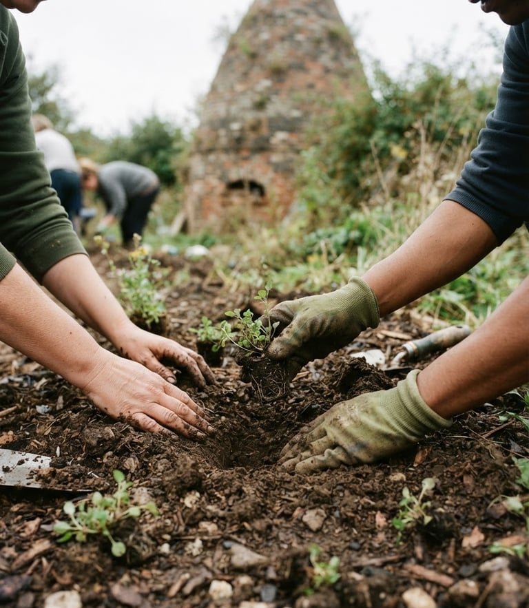 A close-up of community hands planting wildflower plugs in a soft soil bed, brickwork of an old pottery kiln visible in the soft-focus background, overcast daylight, earthy green tones, 35mm.