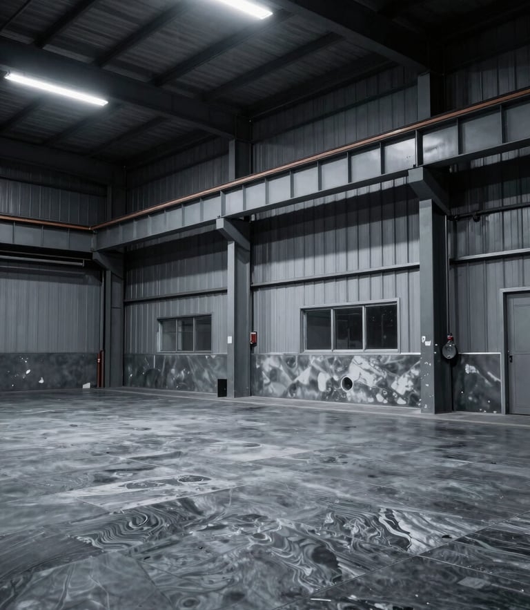 Dramatic high-contrast industrial warehouse interior, cool steel and slate tones, sharp focus, 35mm lens, empty clean factory floor with overhead fluorescent lighting