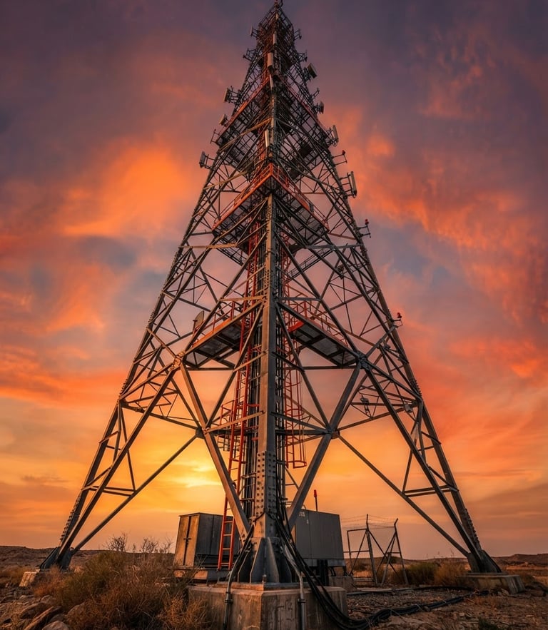 Low-angle heroic shot of a massive telecom tower against a dramatic Riyadh desert sunset, structural steel highlighted by sharp orange light.