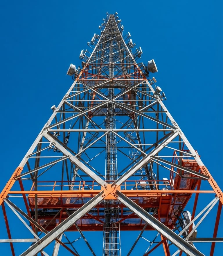 Low-angle heroic shot of a heavy steel telecom tower looking upward against a crisp desert sky, sharp industrial photography, high-contrast steel tones.