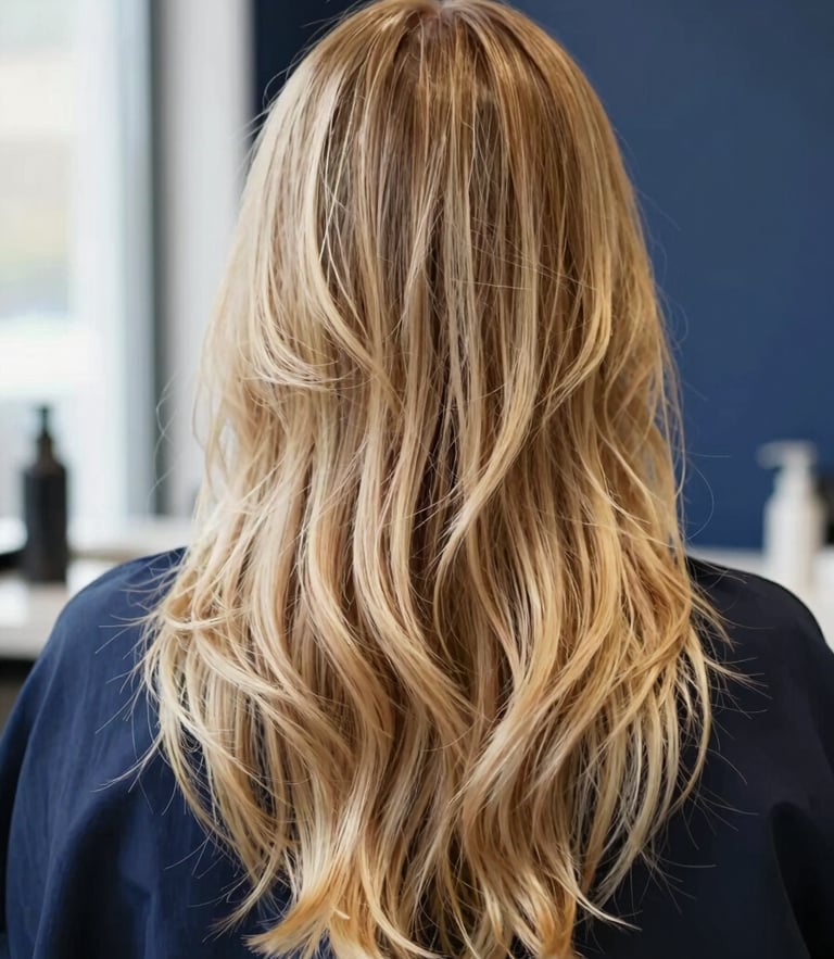 Close-up of a modern editorial hair transformation, vibrant gold highlights, soft studio lighting, navy blue backdrop, shallow depth of field, 35mm