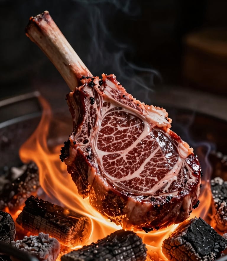 Dramatic low-key portrait of a thick marbled ribeye steak searing over open flames, glowing orange embers, dark charcoal background, shallow depth of field, 35mm