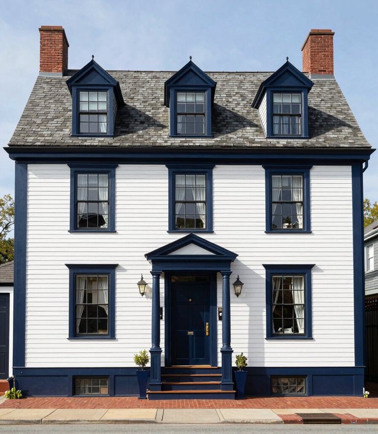 Wide architectural shot of a beautifully restored historic New England home facade in Quincy, bright natural daylight, crisp navy trim, 35mm lens.