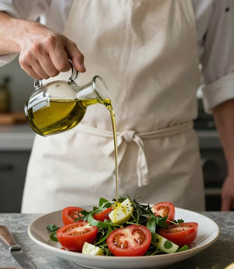A chef in a clean linen apron pouring olive oil over a freshly prepared heirloom tomato salad, soft side daylight, rustic kitchen background