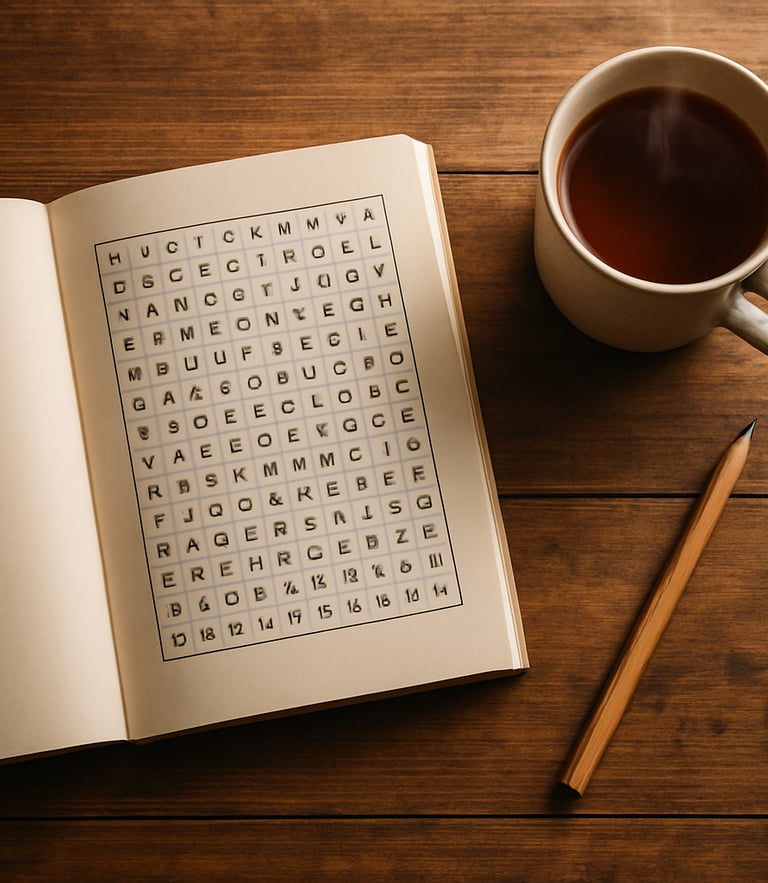 Overhead flat-lay of an open word search book on a rustic wooden table with a sharp pencil and a steaming mug of tea, soft morning light