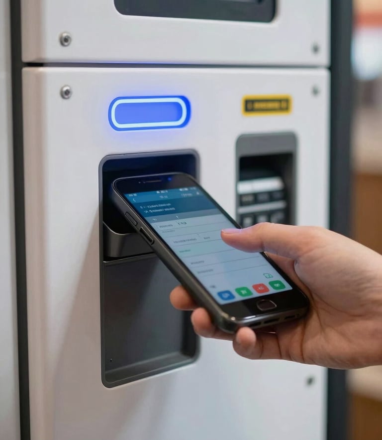 Tight close-up of a sleek contactless payment terminal on a modern vending machine, glowing blue LED indicator, a hand tapping a phone to pay, clean and sharp focus.