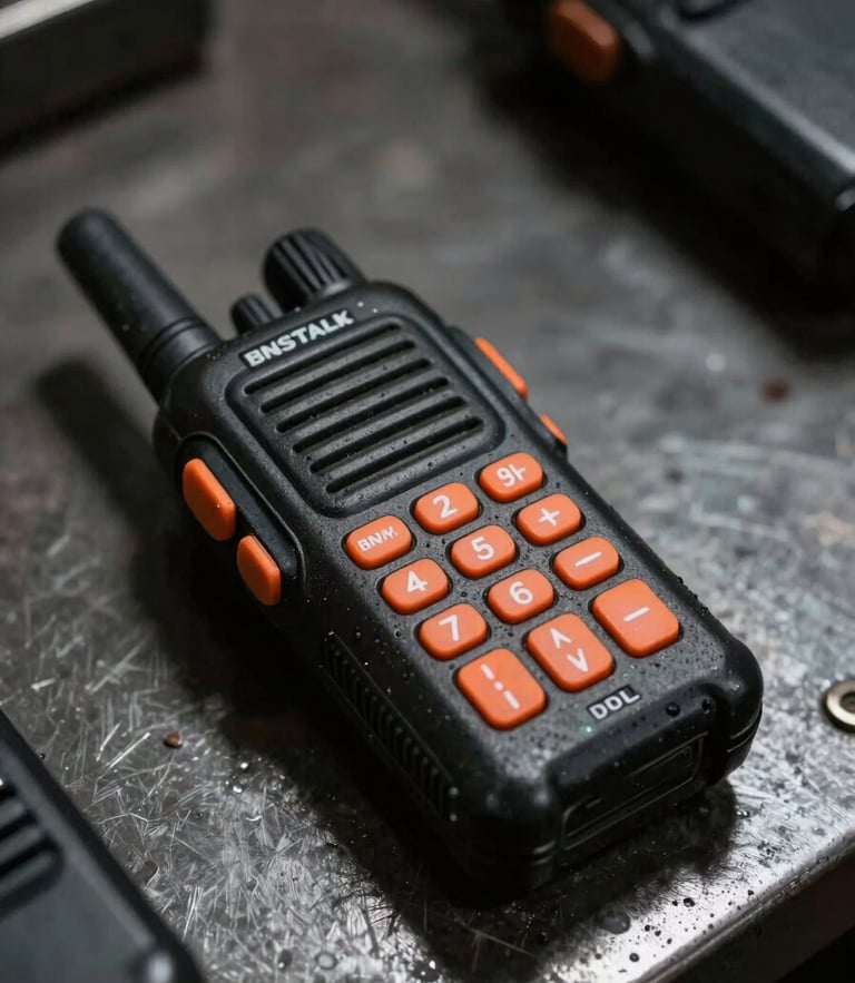 Tight macro shot of a rugged BNSTalk walkie-talkie with safety-orange buttons resting on a steel industrial workbench, dramatic side-lighting, 35mm