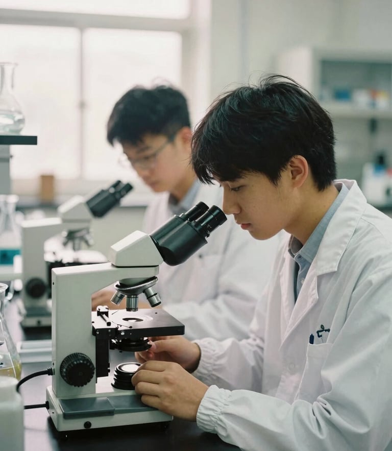 A bright, naturally lit science laboratory where two university students in white coats collaborate over a microscope, authentic 35mm film look.