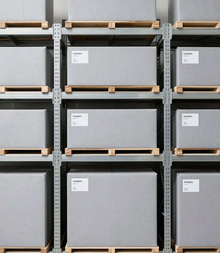 Straight-on clean industrial photography of organized warehouse shelves with labeled shipping boxes under bright even daylight, neutral grey tones, sharp focus, 35mm.