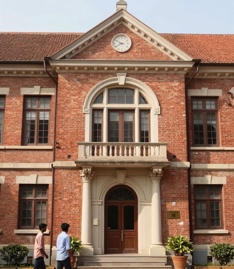 Bright natural daylight photo of a classic brick Indian college building facade, warm academic tones, 35mm lens