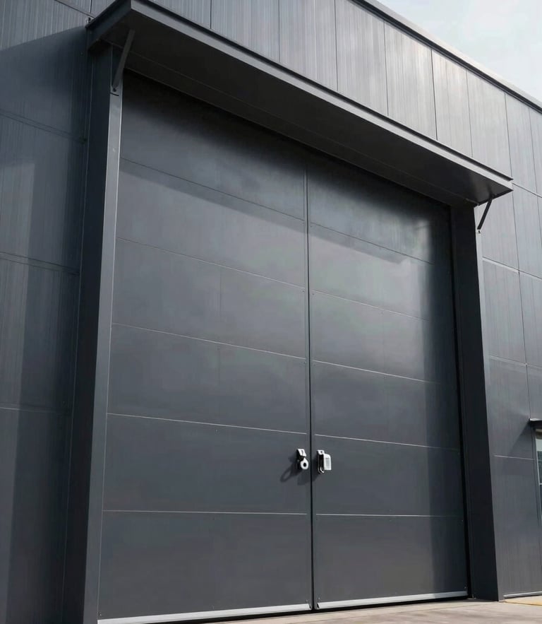 Low-angle architectural shot of a heavy-duty industrial sectional door in a modern matte charcoal warehouse facade, sharp high-contrast daylight, clean lines.