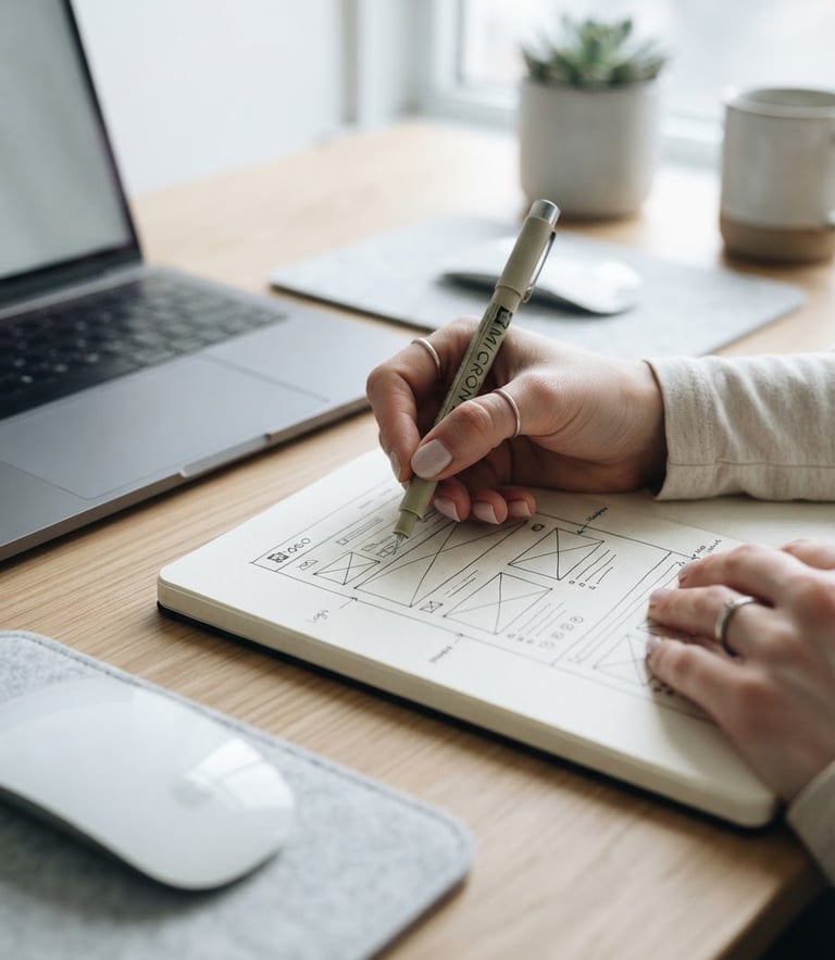 Macro detail shot of a modern designer's hand sketching a website wireframe on a clean desktop setup, bright natural daylight, minimalist workspace aesthetic, desaturated cool tones, sharp focus, 35mm lens.