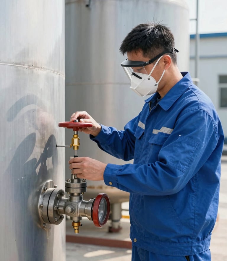 Medium shot of an industrial technician in crisp blue safety uniform and protective mask, calibrating a pressure valve on a clean steel tank, bright natural daylight, sharp focus on technical details, professional engineering environment.