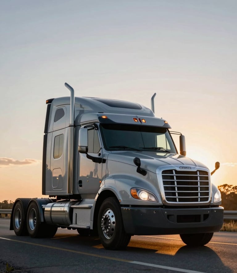 Low-angle heroic shot of a modern heavy-duty silver Freightliner truck on an open highway at sunset, cinematic golden hour lighting, deep navy and silver tones, 35mm lens