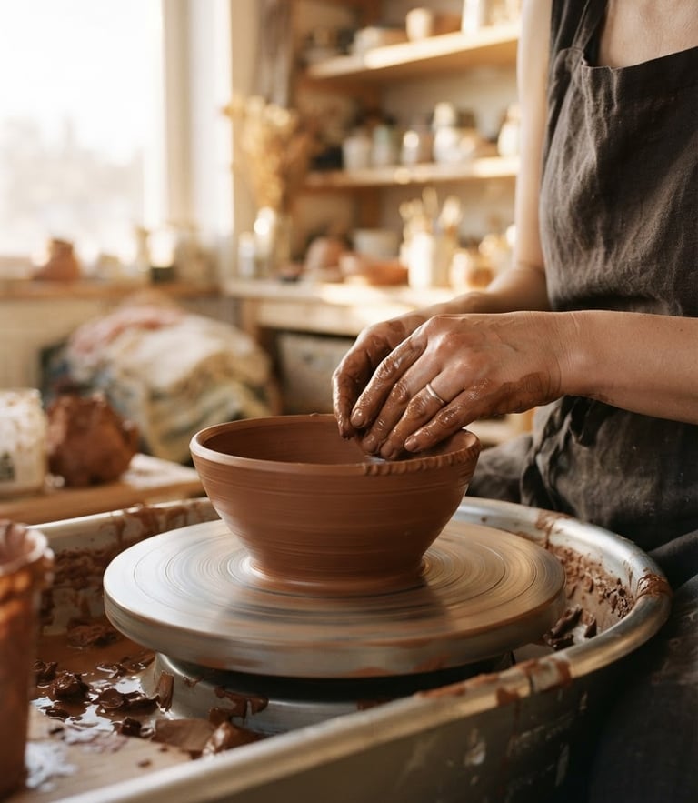 Warm editorial photography of potter hands shaping a clay bowl on the wheel, soft golden-hour window light, rich terracotta tones, shallow depth of field, 35mm